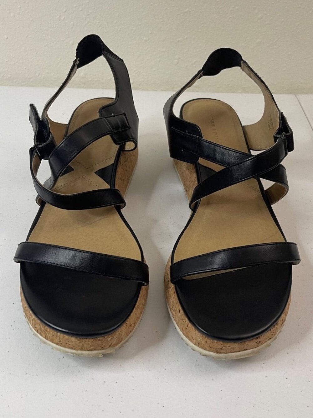 Adrienne Vittadini Black Leather Cork Wedge Sandals With Adjustable Straps Women - Picture 3 of 8